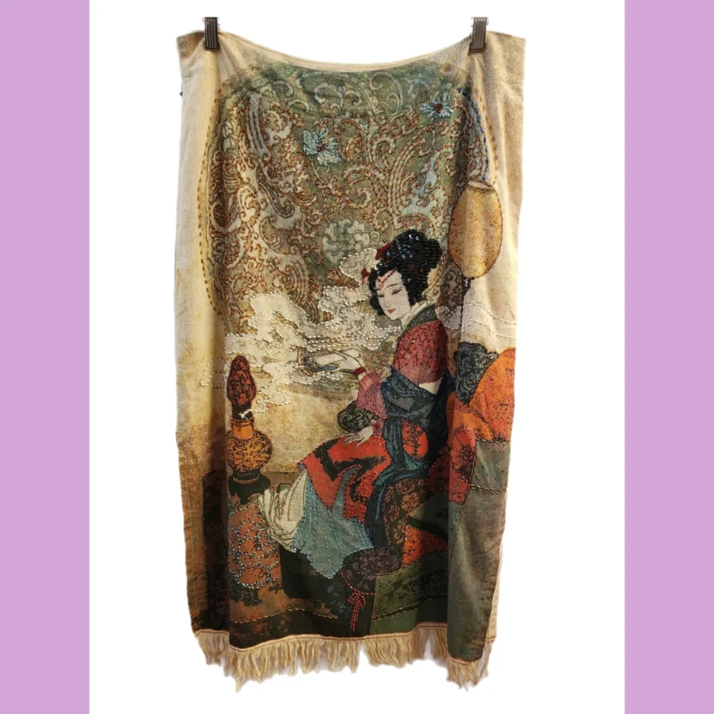 VINTAGE KOKOMO UN LTD BEADED GEISHA GIRL ABSTRACT PRINT LONG FRINGED SKIRT - Picture 2 of 7